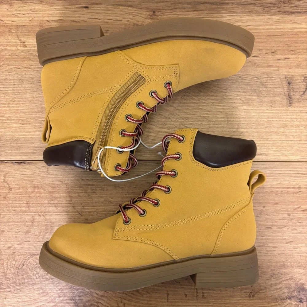 STEVE MADDEN JJumble Combat Boots Tan Kids Size 3 Side Zip Lace Up Low Heel